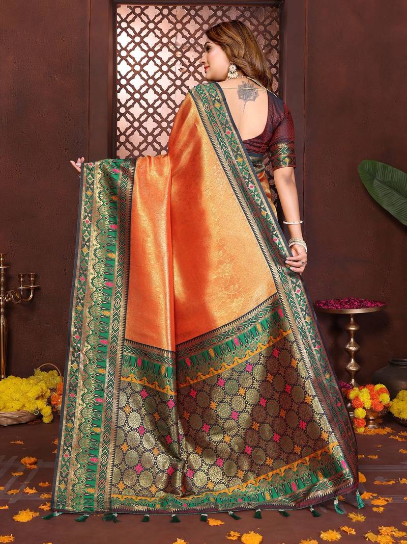 Orange Color Premium Pure Banarasi Tissue Silk Saree