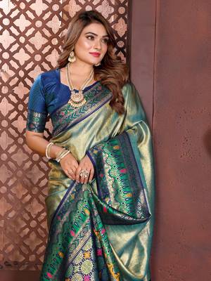Aqua Blue Color Premium Pure Banarasi Tissue Silk Saree 2