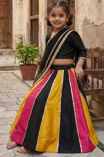 Black multicolor panel lehenga