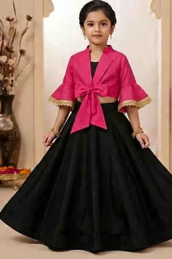 Black lehenga with pink tie-front jacket