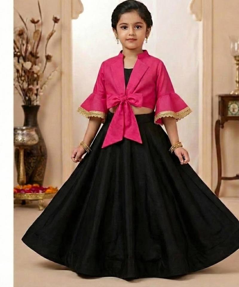 Black lehenga with pink tie-front jacket