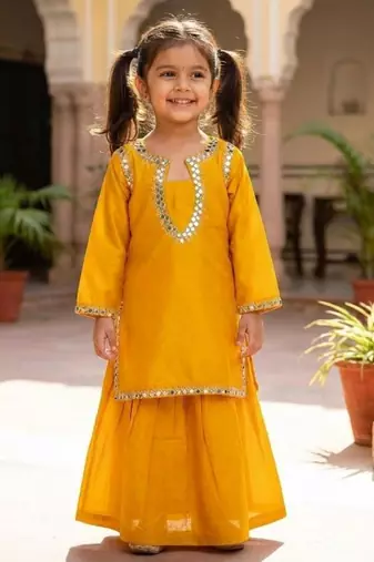 Yellow embroidered kurta with skirt