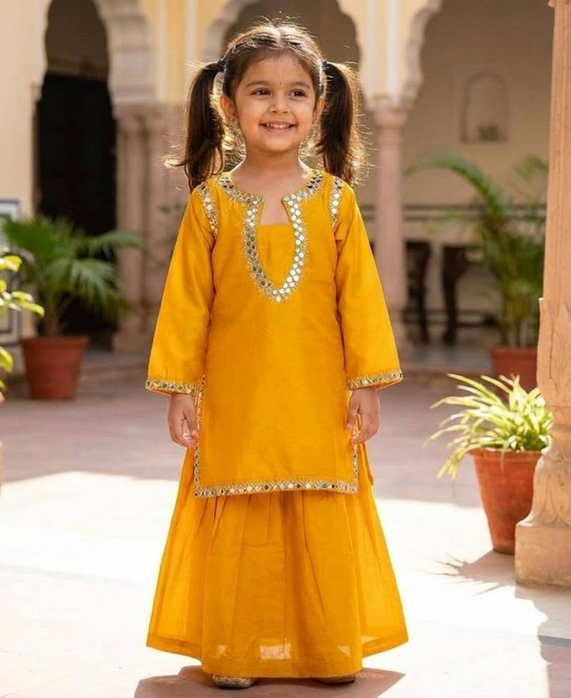 Yellow embroidered kurta with skirt