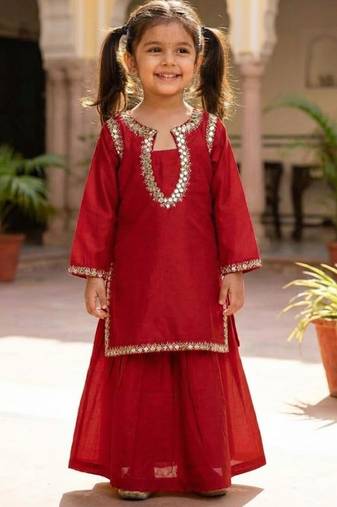 Red embroidered kurta with skirt