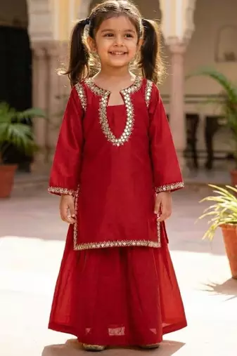 Red embroidered kurta with skirt