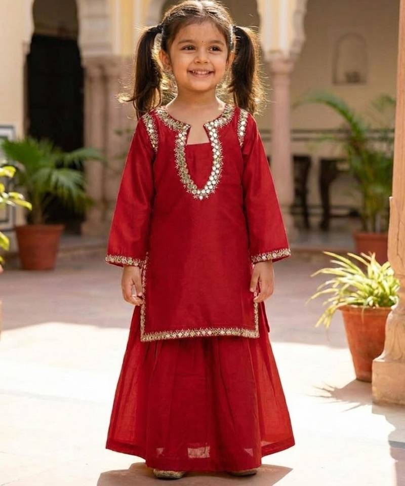 Red embroidered kurta with skirt