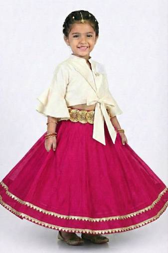 Ivory tie-front blouse with magenta lehenga set