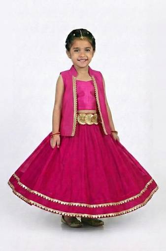 Girls pink lehenga set with ethnic jacket and gold trim