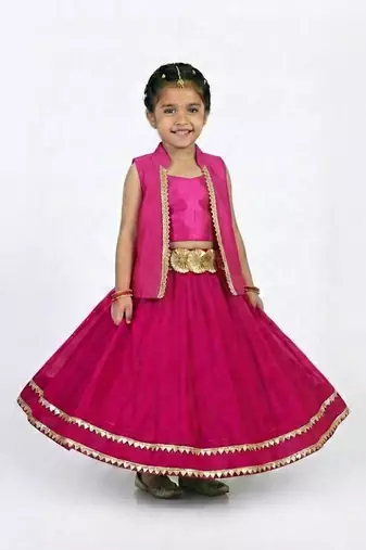 Girls pink lehenga set with ethnic jacket and gold trim
