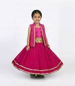 Girls pink lehenga set with ethnic jacket and gold trim