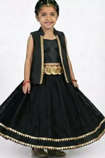 Girls black festive lehenga set with sleeveless jacket