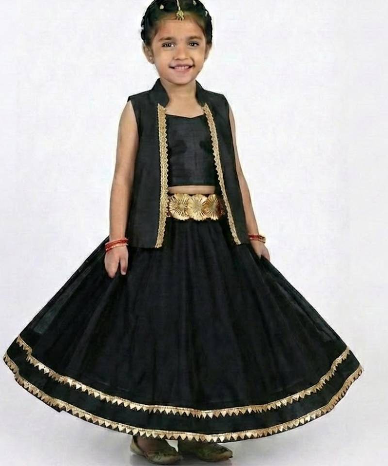 Girls black festive lehenga set with sleeveless jacket
