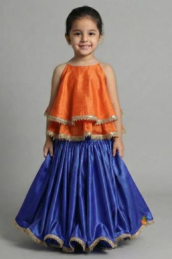 Girls orange and blue layered lehenga set with gold lace
