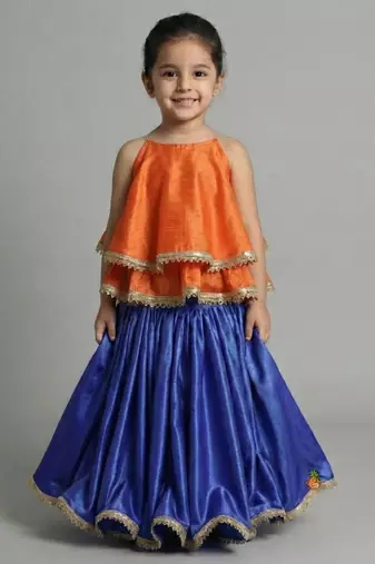 Girls orange and blue layered lehenga set with gold lace