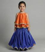 Girls orange and blue layered lehenga set with gold lace