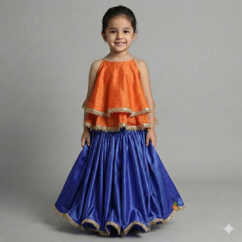 Girls orange and blue layered lehenga set with gold lace