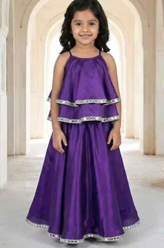 Girls purple layered lehenga set with silver trim