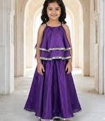 Girls purple layered lehenga set with silver trim
