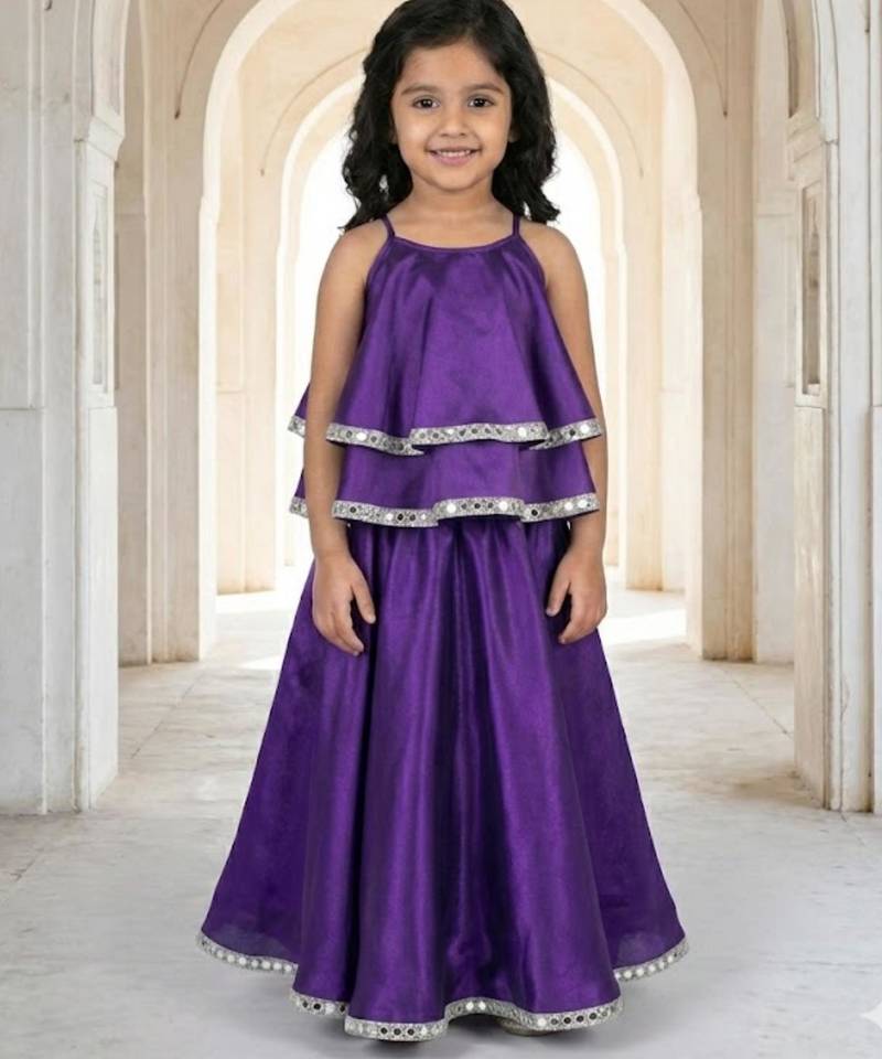Girls purple layered lehenga set with silver trim