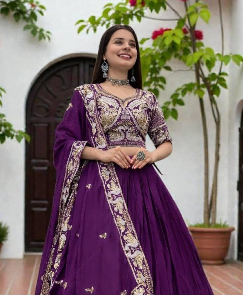 lehenga set purple chinon embroidered sequin festive