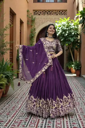 lehenga set purple chinon embroidered sequin festive