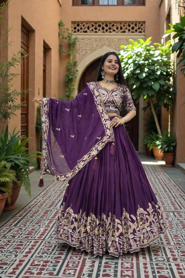 lehenga set purple chinon embroidered sequin festive