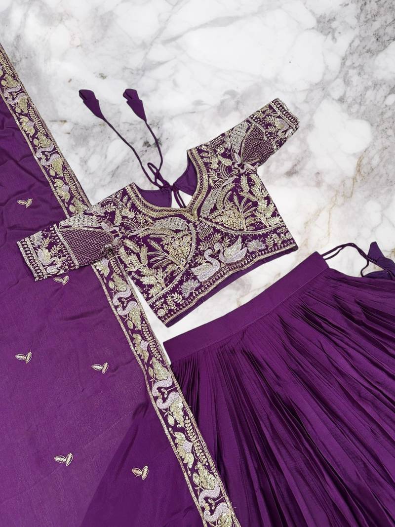 lehenga set purple chinon embroidered sequin festive