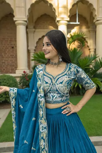 lehenga set teal chinon embroidered sequin party wear