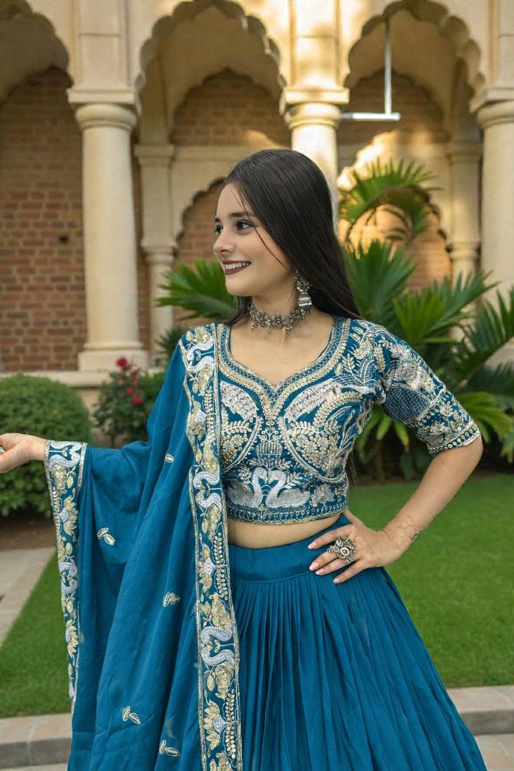 lehenga set teal chinon embroidered sequin party wear