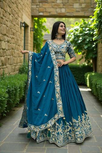 lehenga set teal chinon embroidered sequin party wear