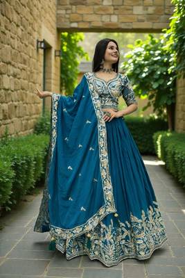 lehenga set teal chinon embroidered sequin party wear 1