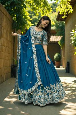 lehenga set teal chinon embroidered sequin party wear 3
