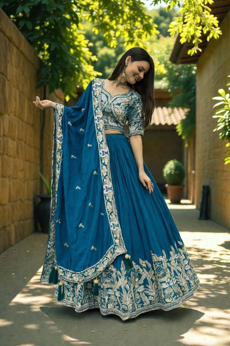 lehenga set teal chinon embroidered sequin party wear