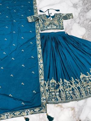 lehenga set teal chinon embroidered sequin party wear 4