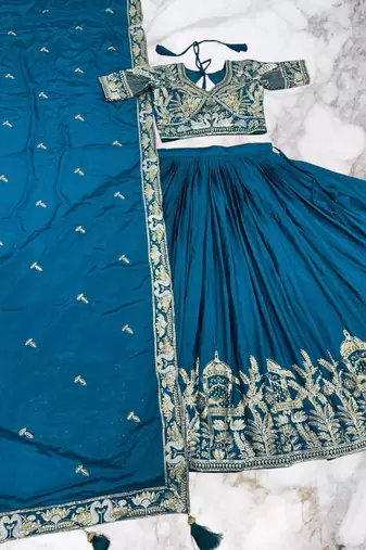 lehenga set teal chinon embroidered sequin party wear