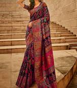 Deep violet floral banarasi silk blend saree