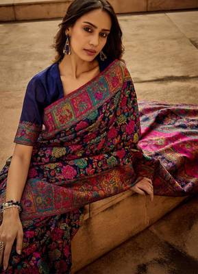 Deep violet floral banarasi silk blend saree 2
