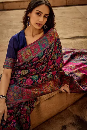 Deep violet floral banarasi silk blend saree