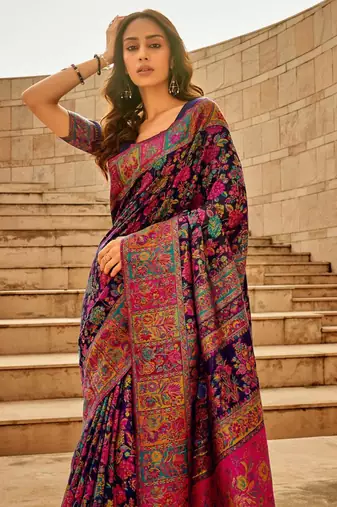Deep violet floral banarasi silk blend saree