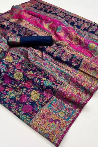 Deep violet floral banarasi silk blend saree