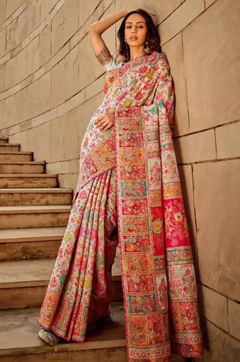 Pearl white heritage silk blend saree