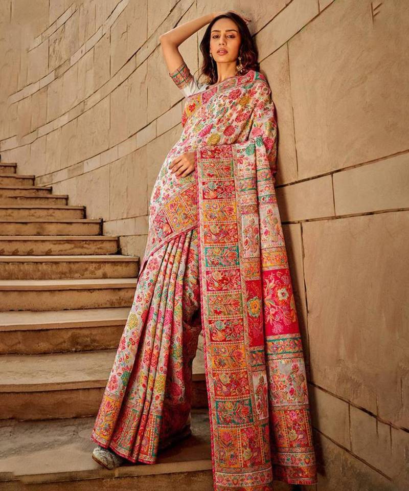 Pearl white heritage silk blend saree