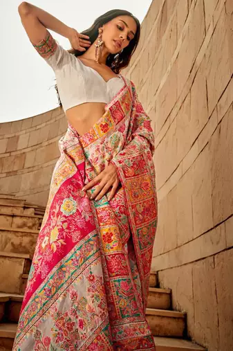 Pearl white heritage silk blend saree