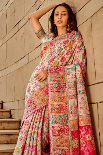 Pearl white heritage silk blend saree