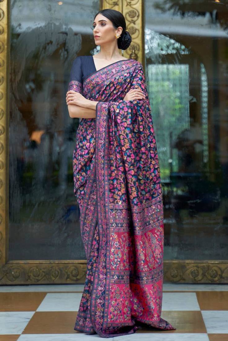 Midnight blue pashmina silk blend saree