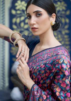 Midnight blue pashmina silk blend saree 2