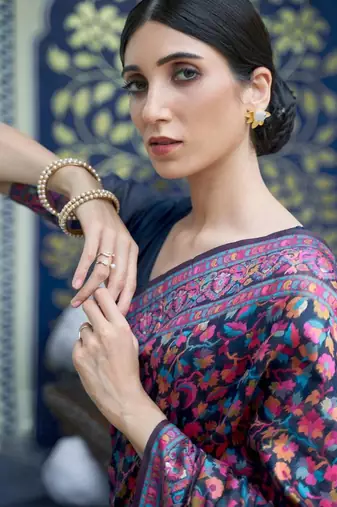 Midnight blue pashmina silk blend saree