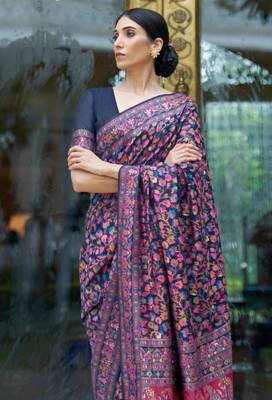 Midnight blue pashmina silk blend saree 3