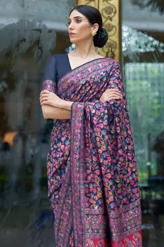 Midnight blue pashmina silk blend saree