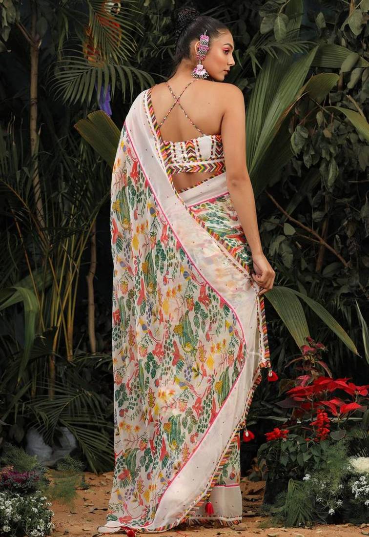 White georgette multi color print work saree with blouse